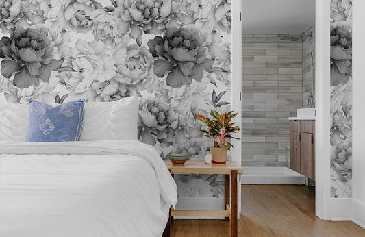 Elegant Black and White Floral Mural Wallpaper in bedroom