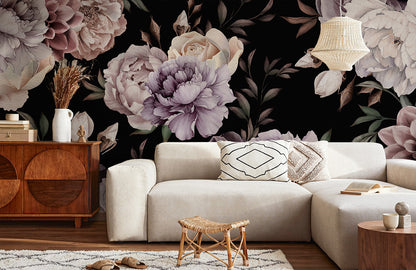 Romantic Peony Floral Dark Mural Wallpaper in living room