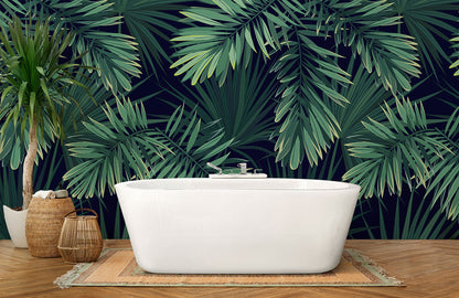Emerald Green Tropical Leaf Mural Wallpaper in bathroom