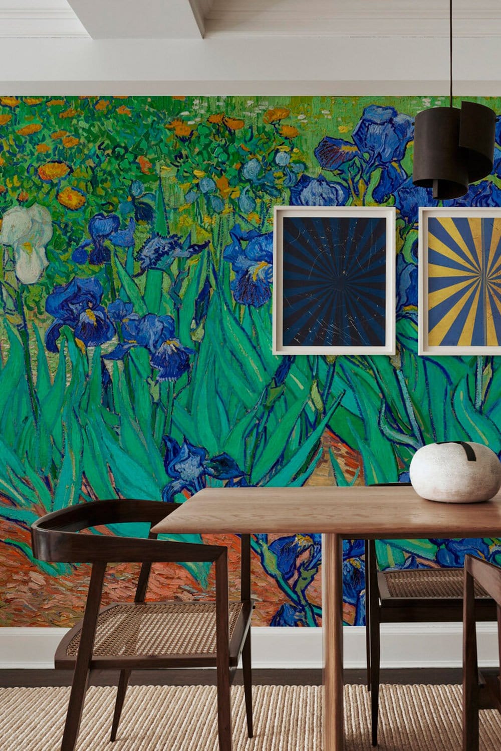 Blue Iris Floral Art Mural Wallpaper in dining room