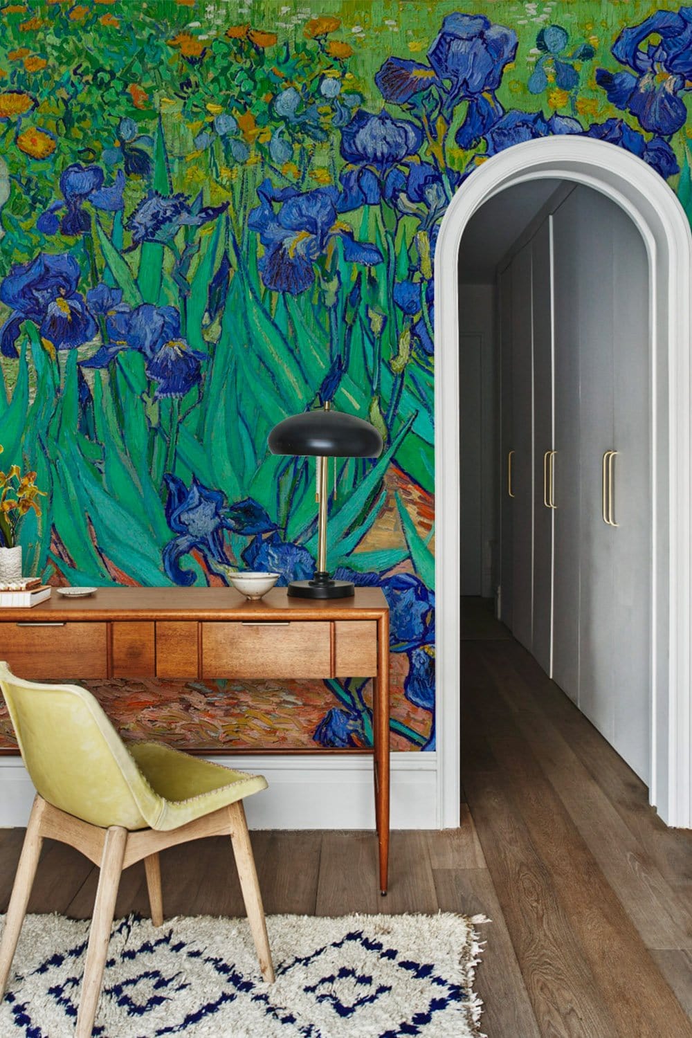 Blue Iris Floral Art Mural Wallpaper in office