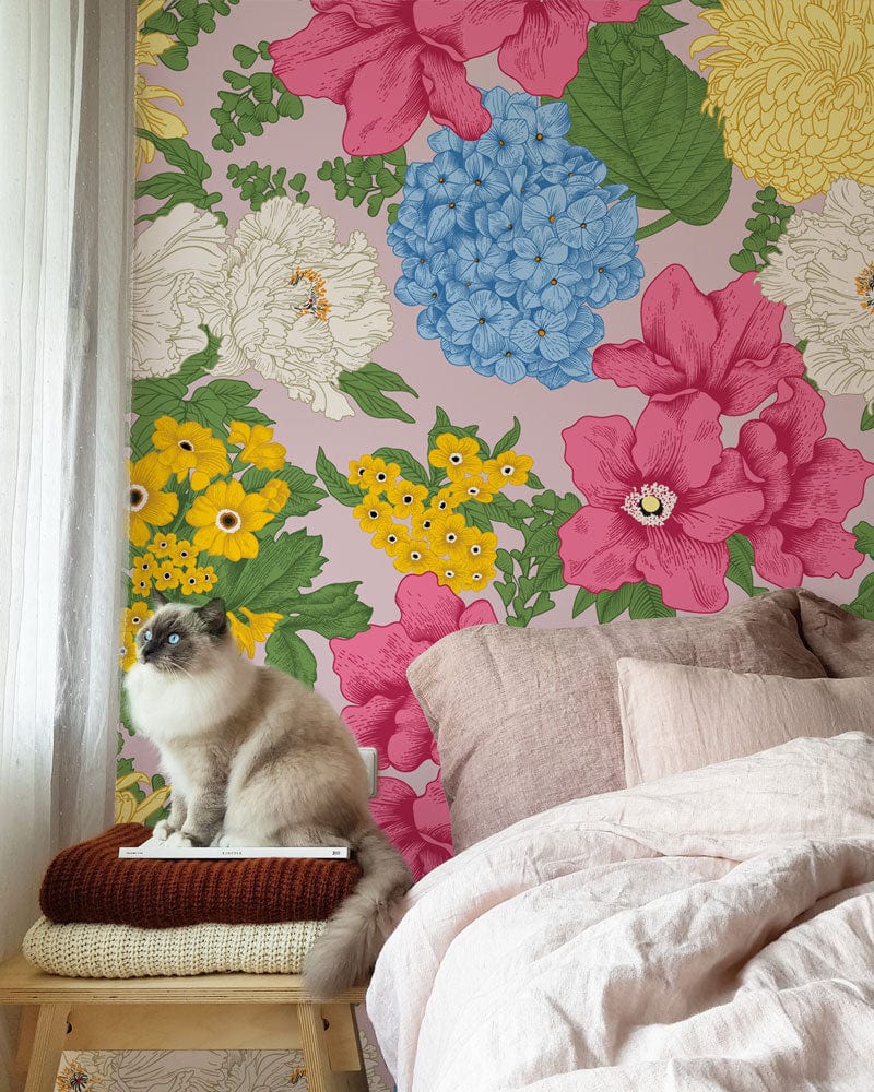 Wallpaper mural featuring an array of colorful flowers, perfect for decorating a bedroom