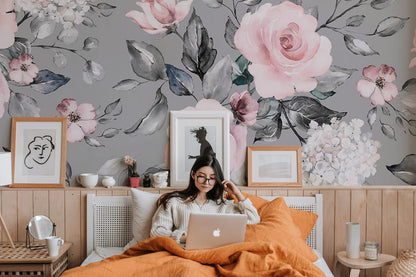 Wallpaper mural depicting a variety of flowers in the bedroom