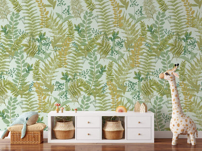 Botanical Green Gold Leaf Mural Wallpaper in children's room