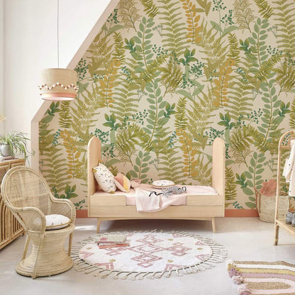 Botanical Green Gold Leaf Mural Wallpaper in bedroom
