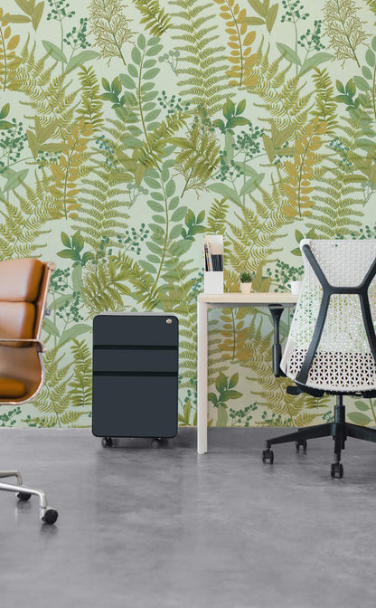 Botanical Green Gold Leaf Mural Wallpaper in office