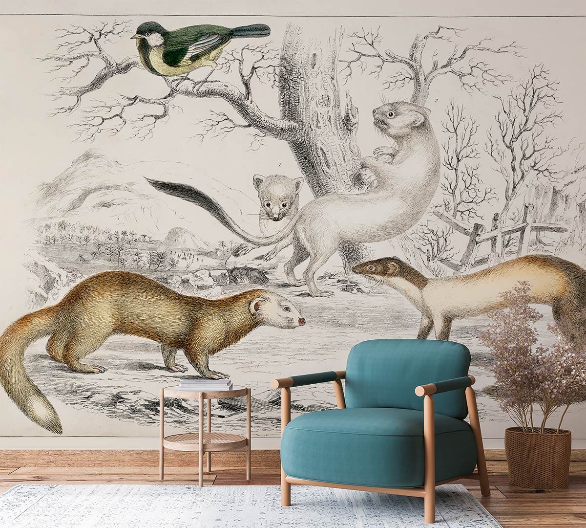 Rodents and Bird Pattern Wall Mural Hallway