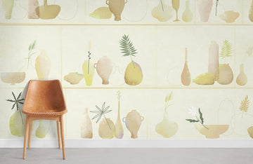 Neutral Botanical Vase Illustration Mural Wallpaper