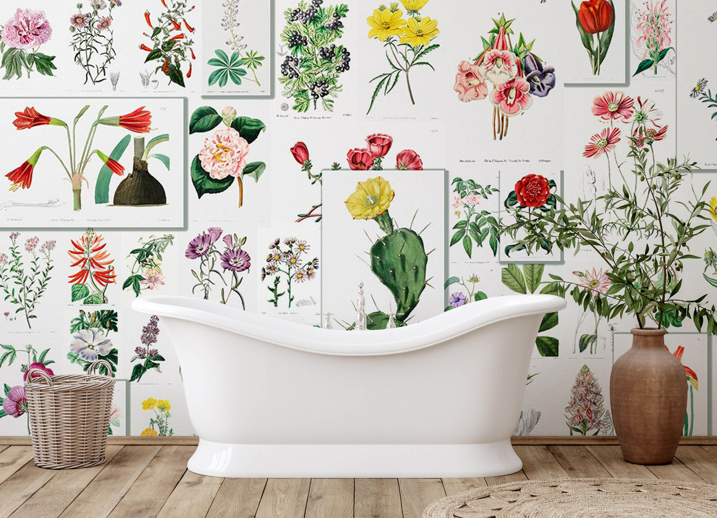 Bathroom Wall Decoration Featuring a Mural Wallpaper of Flowers and Plants