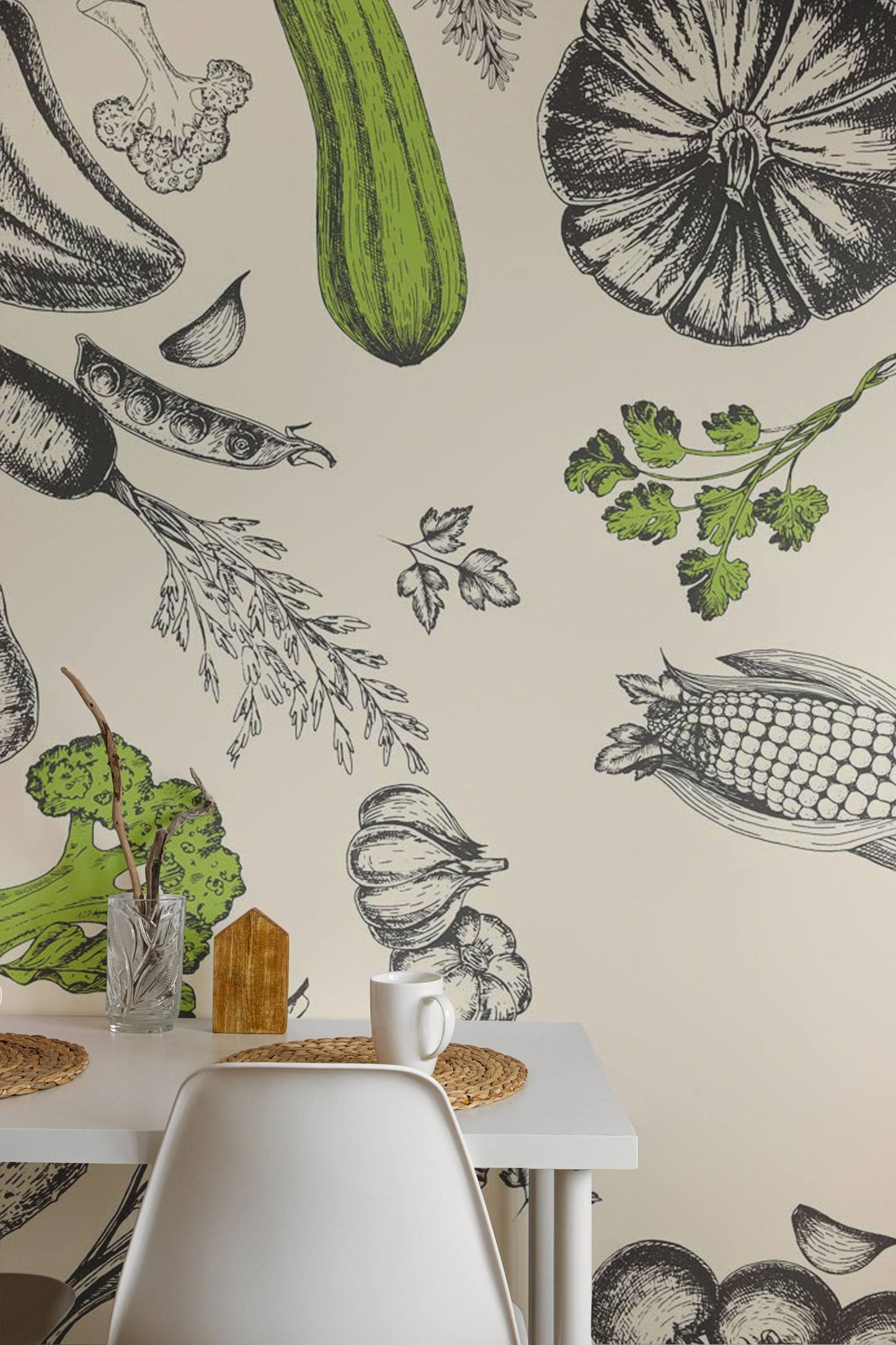 Wallpaper Mural with a Vegetable Pattern Effect for Use in Decorating the Dining Room