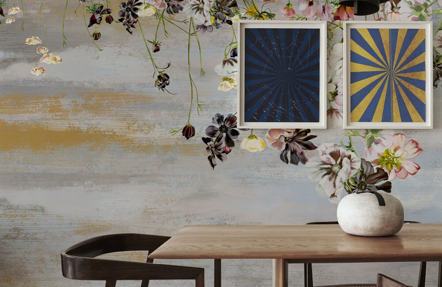 décor of your choice using a floral wallpaper mural in the dining room