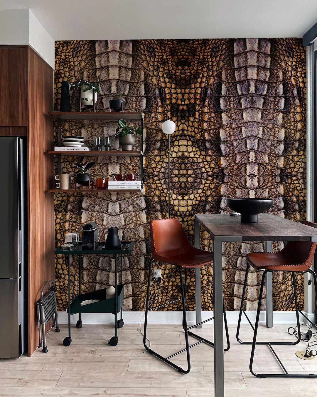 Wall mural in the dining room with vertical python skin texture