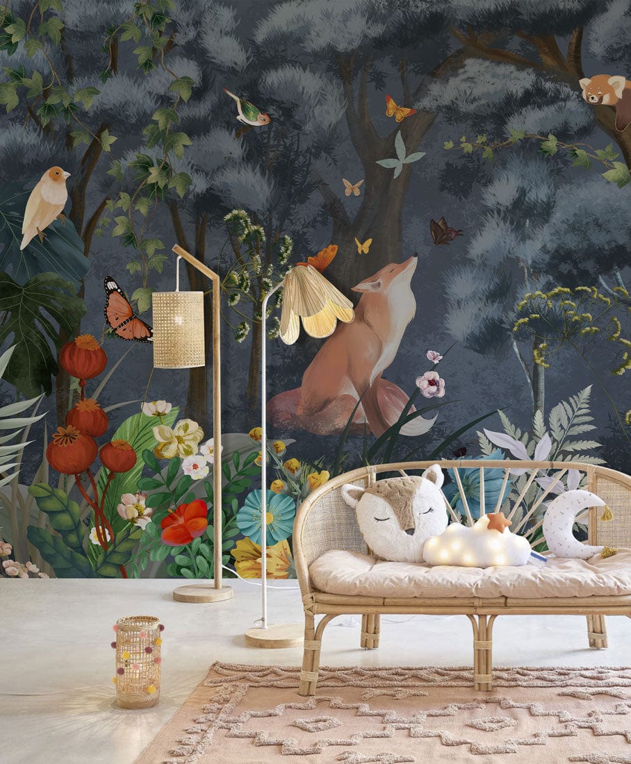 Mural Wallpaper of a Colorful Forest at Night, Perfect for a Child's Room