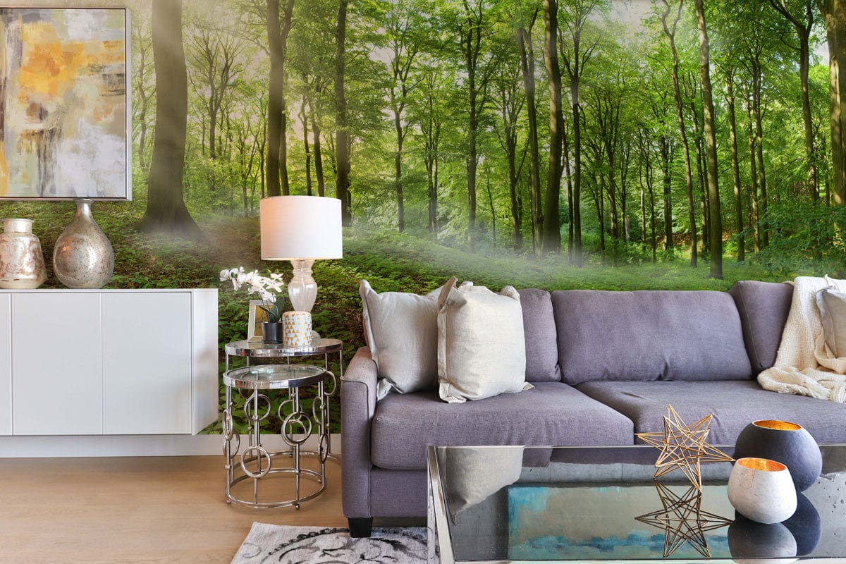 sunshine through vibrant forest wallpaper mural lounge decor