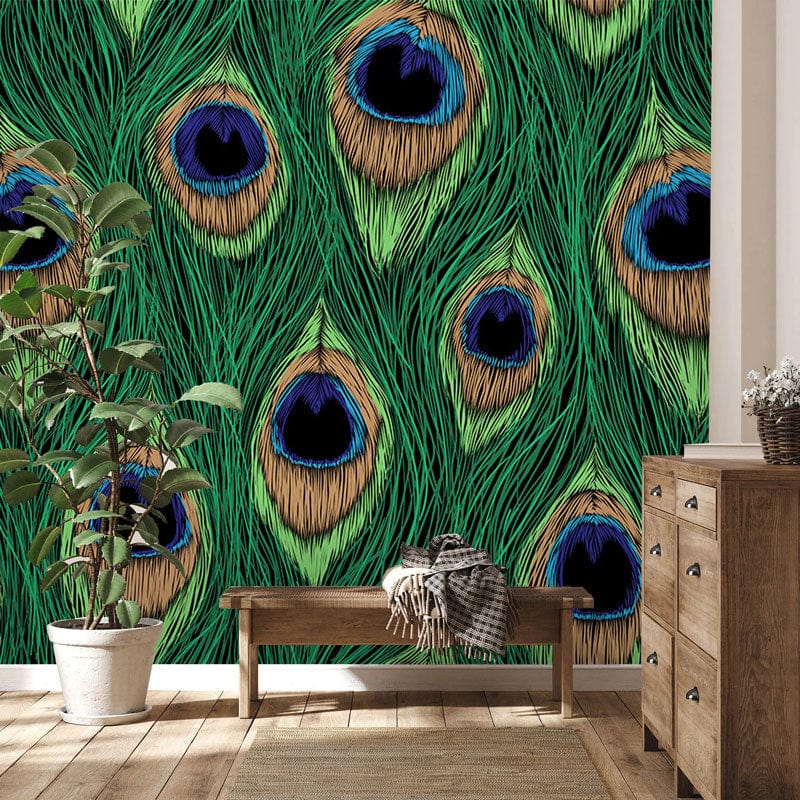 Hallway Decoration Featuring a Vibrant Peacock Feather Wallpaper Mural