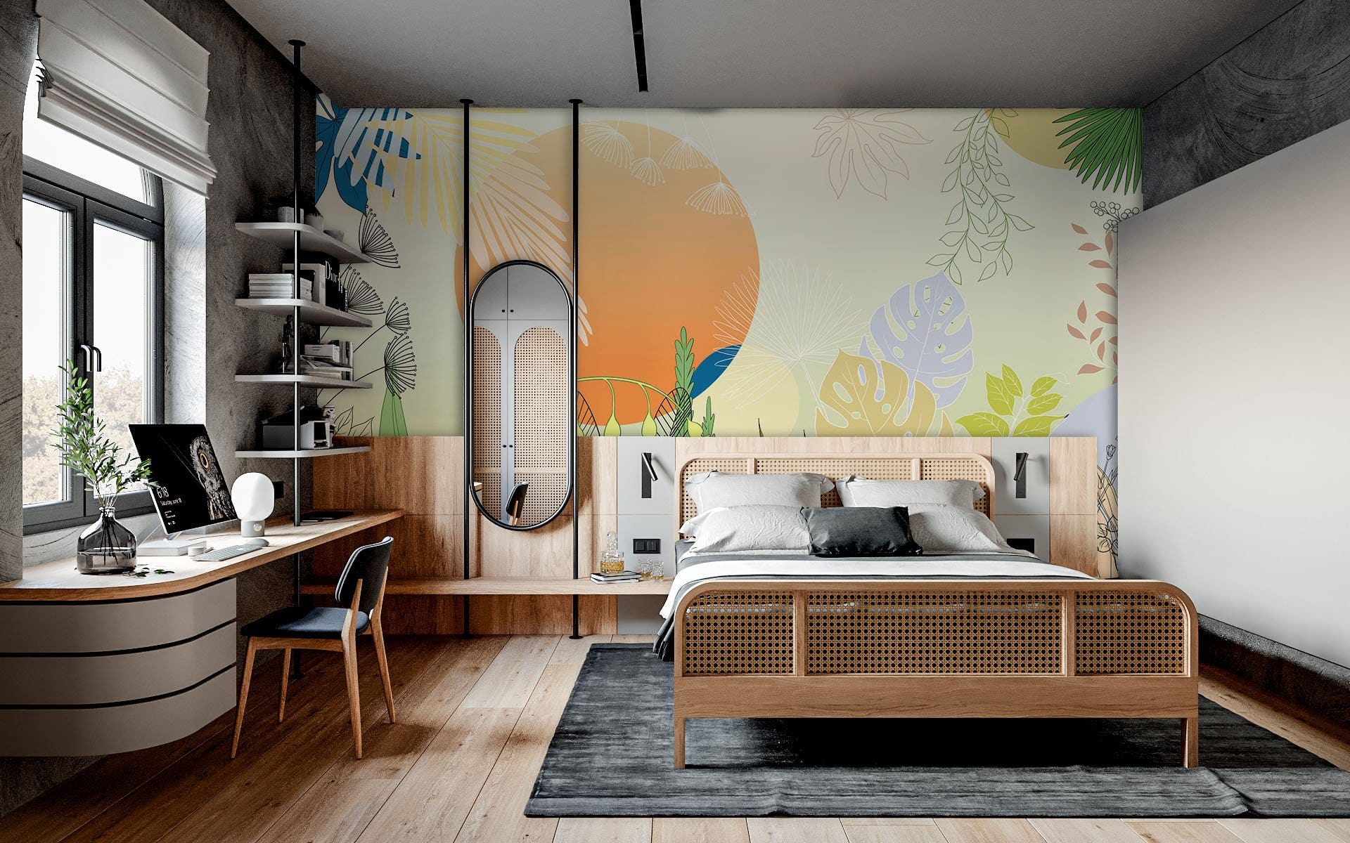 Wallpaper mural with a vibrant plant life for use in decorating a bedroom