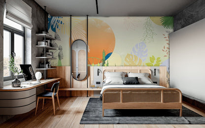 Wallpaper mural with a vibrant plant life for use in decorating a bedroom