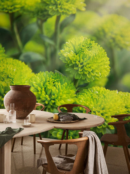 Wallpaper mural with vivid green plants, perfect for decorating the dining room.