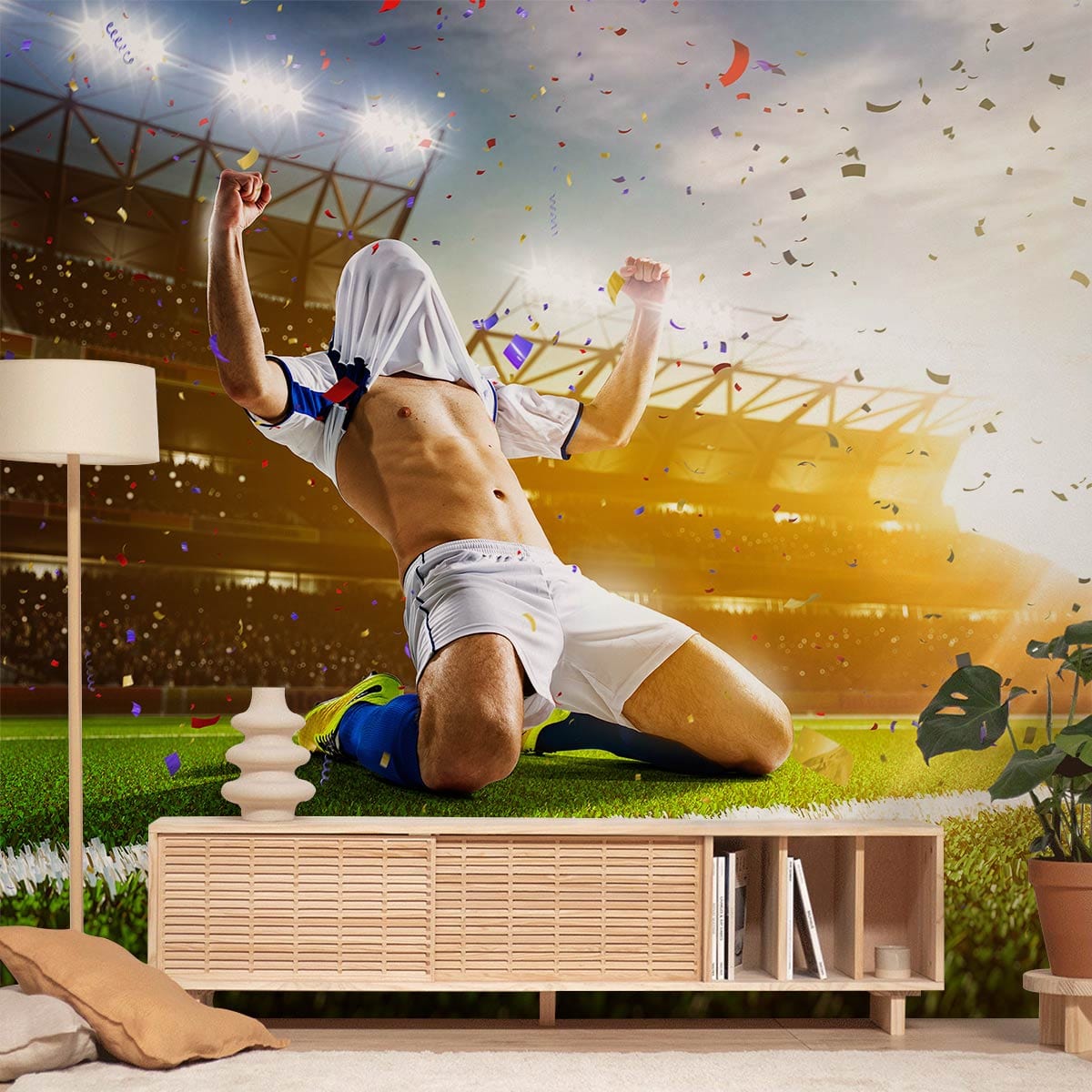 Wallpaper mural depicting soccer players celebrating a victory in the hallway