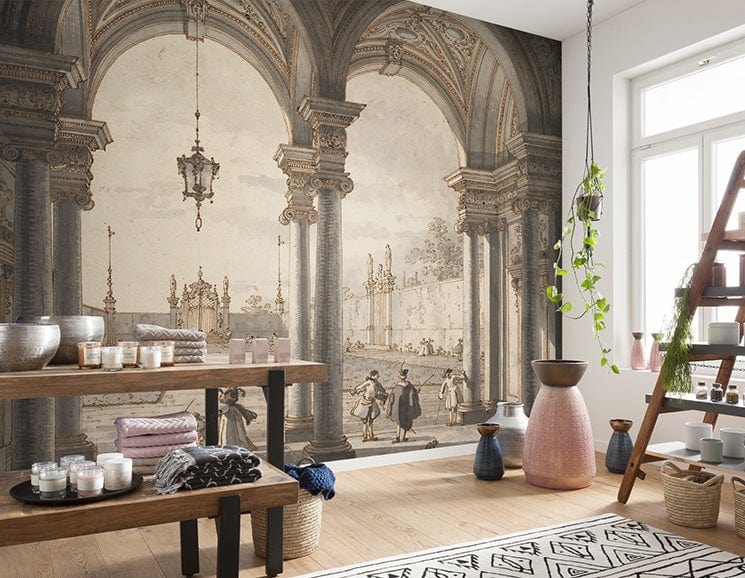 View through a Baroque Colonnade into a Garden custom wallpaper design