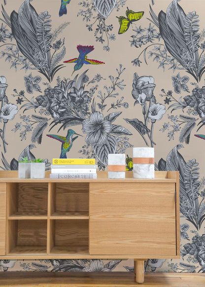 Wallpaper mural for home decoration including vintage birds and bouquets.