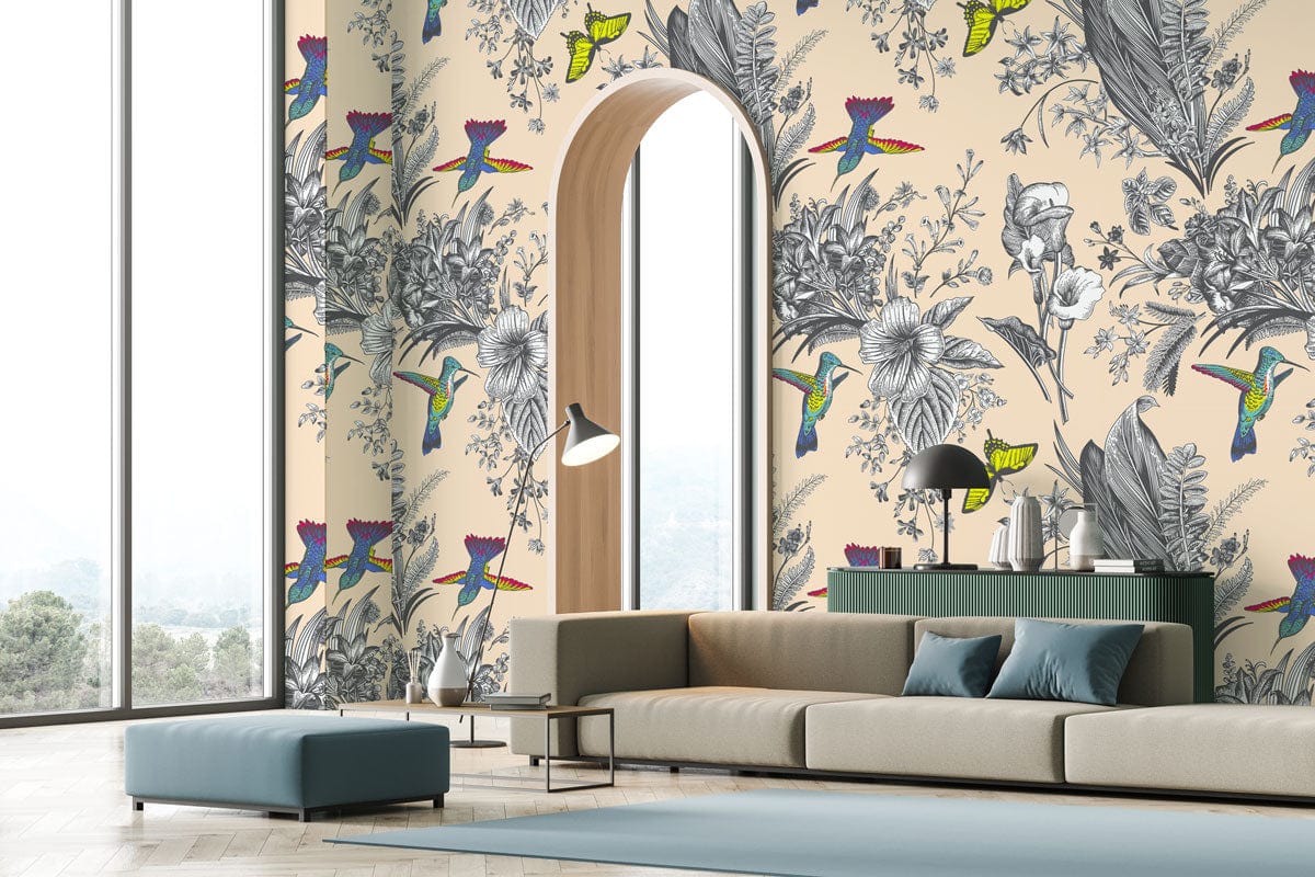 Wallpaper mural featuring vintage birds and bouquets, perfect for decorating the living room.