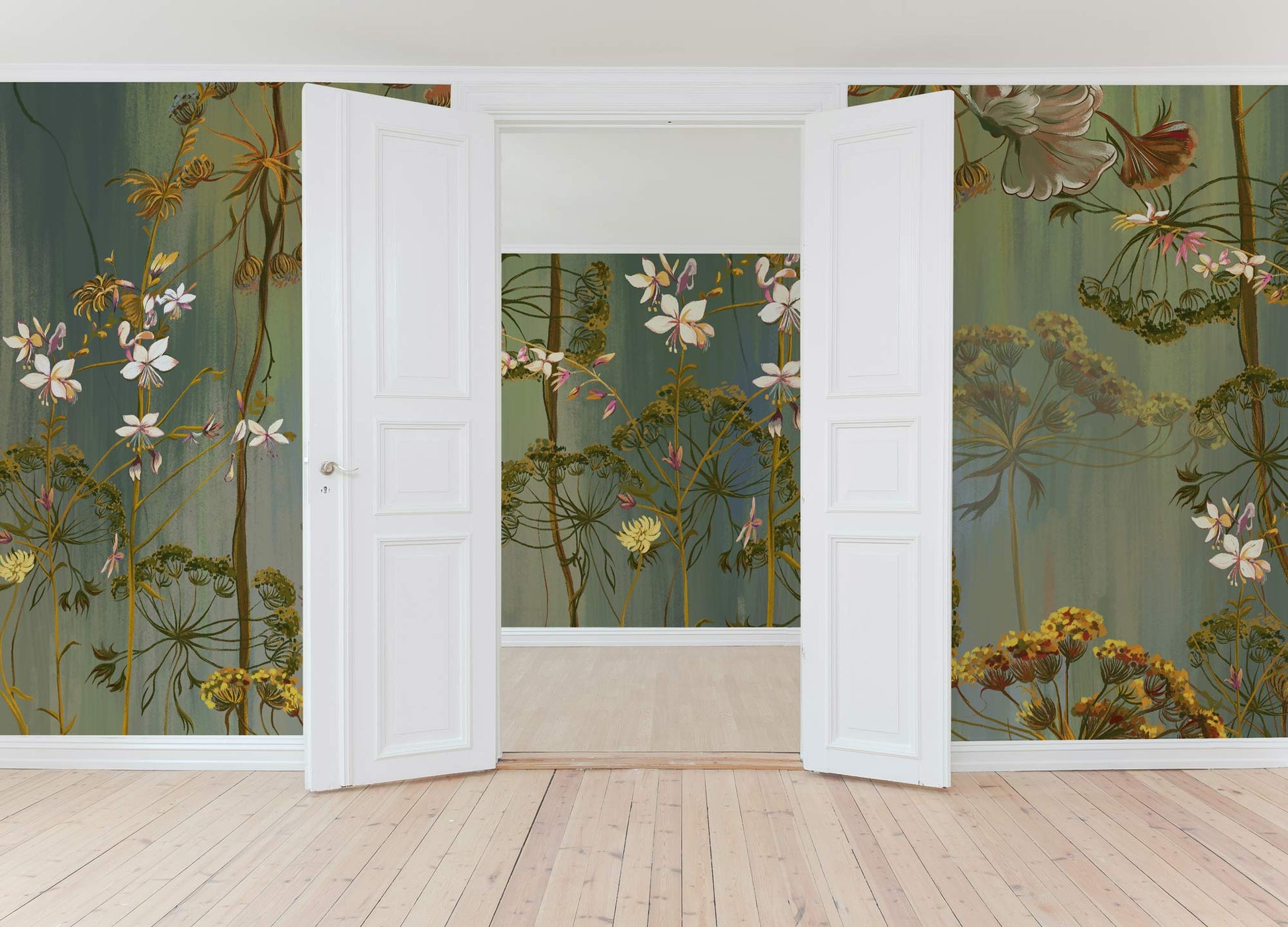 Hallway adorned with a Mural Wallpaper of Vintage Flowers and Vines