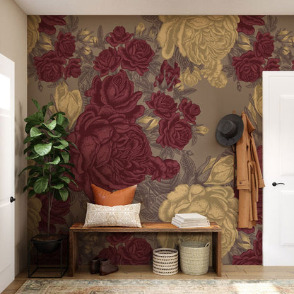 Vintage wallpaper mural with large peonies, ideal for use in the hallway.