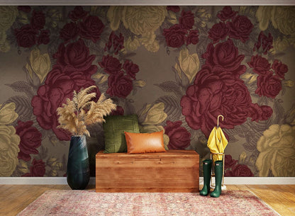 Vintage wallpaper mural with large peonies, ideal for use in the hallway.
