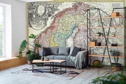 Vintage Scandinavian Map Mural Wallpaper in living room