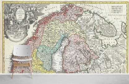 Vintage Scandinavian Map Mural Wallpaper in living room