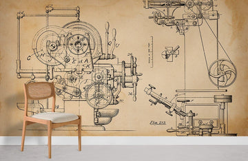 Vintage Mechanical Blueprint Mural Wallpaper