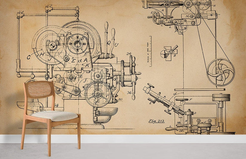 Vintage Mechanical Blueprint Mural Wallpaper | Ever Wallpaper ...