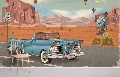 home decoration wallpaper painting featuring automobiles on a road trip.
