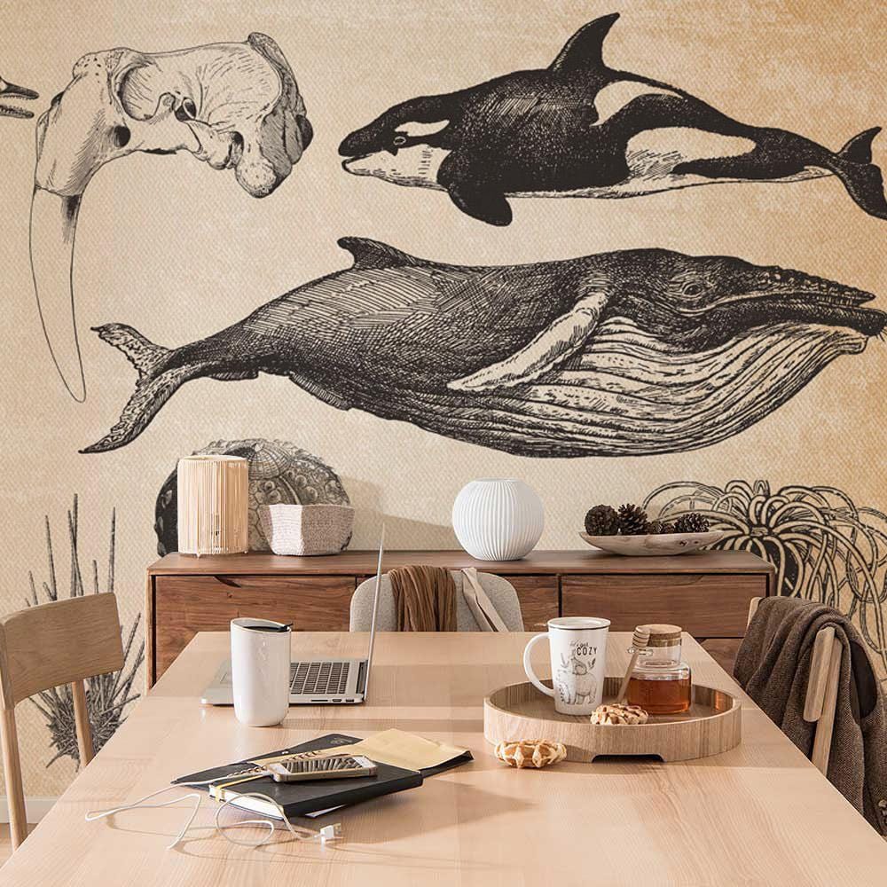 Wallpaper mural with vintage sea life for use in decorating the dining room