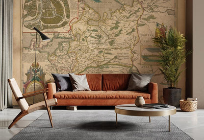 Antique Cartographic Map Wall Covering in Living room