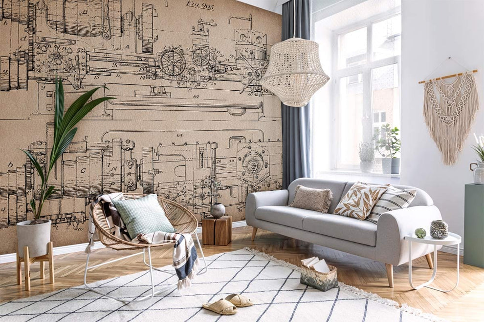 Vintage Mechanical Engineering Drawing Mural Wallpaper | Ever Wallpaper ...