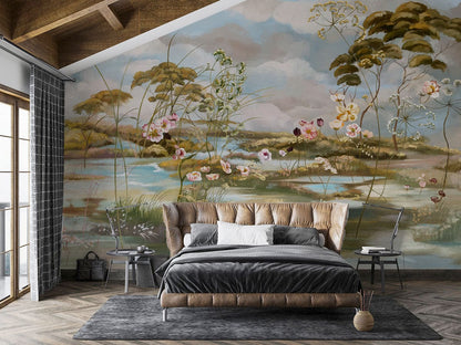 floral photographs from the past mural wallpaper with a delicate painting style, designed for use in bedrooms