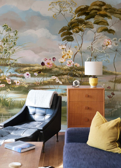 old photographs of flower scenes mural wallpaper with a delicately painted design, intended for use in hallways