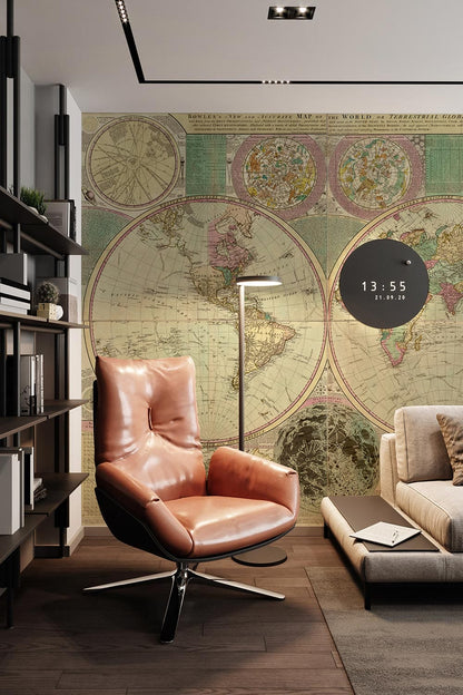 Vintage Style Classic World Map Wallpaper Mural in living room