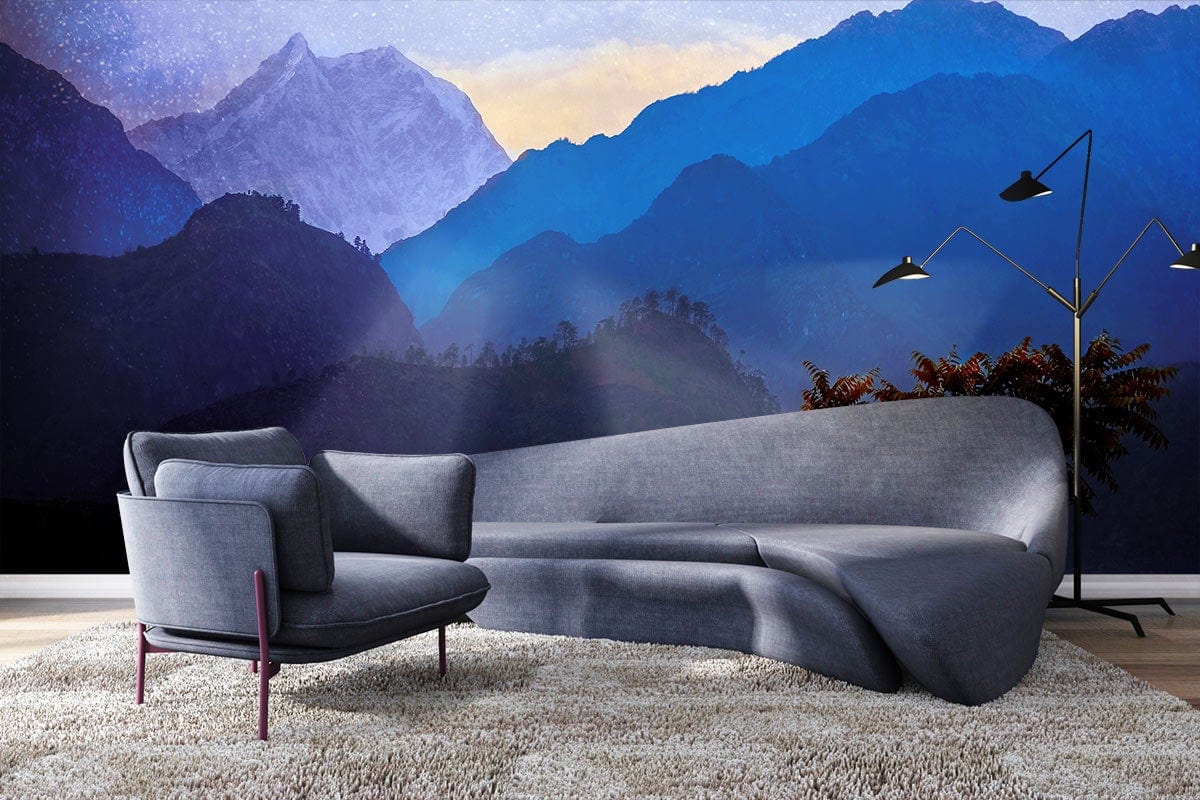 Violet Blue Mountain Landscape Custom Wallpaper Interior