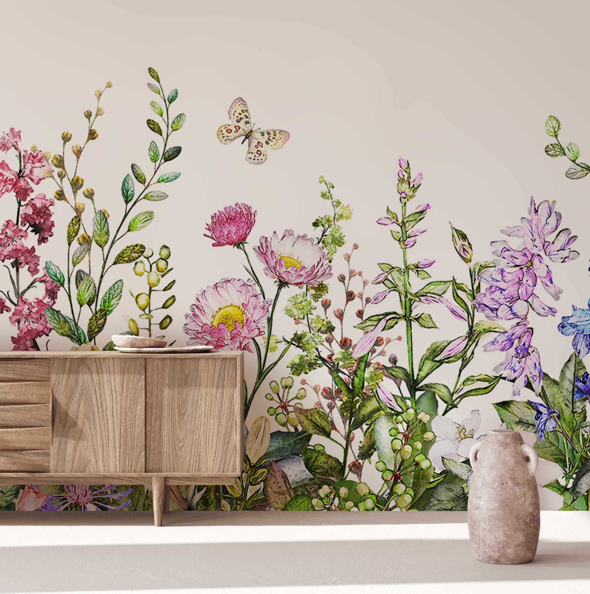 Wallpaper with a delicate floral meadow design for the living room decor