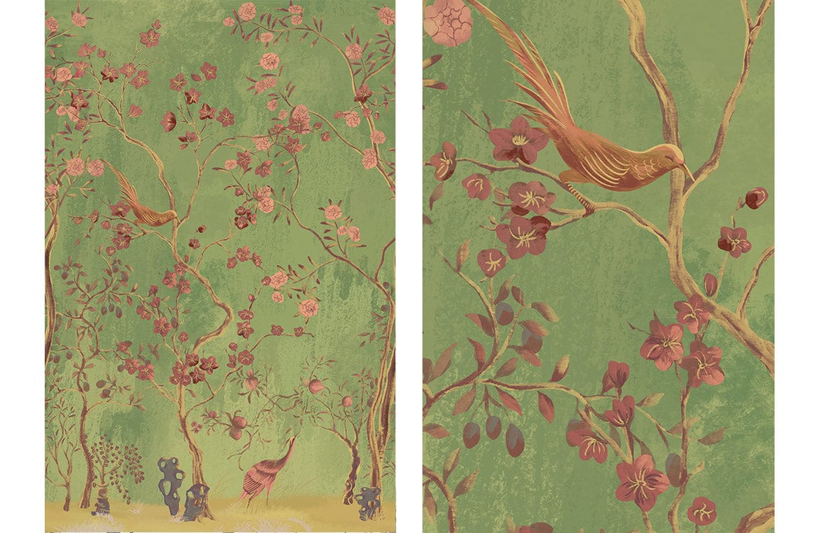 vintage flower bird wall mural detail