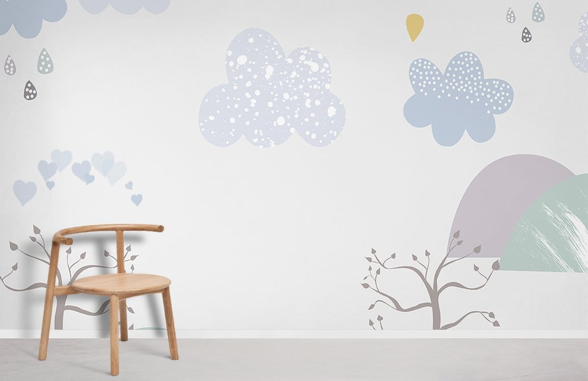 Wallpaper mural with a Cartoon Cloud and Tree Scene for Home Decoration