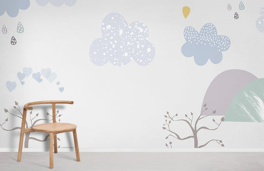 Wallpaper mural with a Cartoon Cloud and Tree Scene for Home Decoration