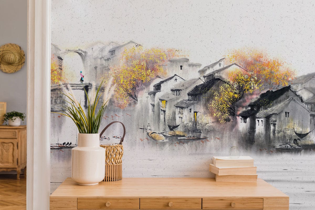 water village wall mural lounge decoration design