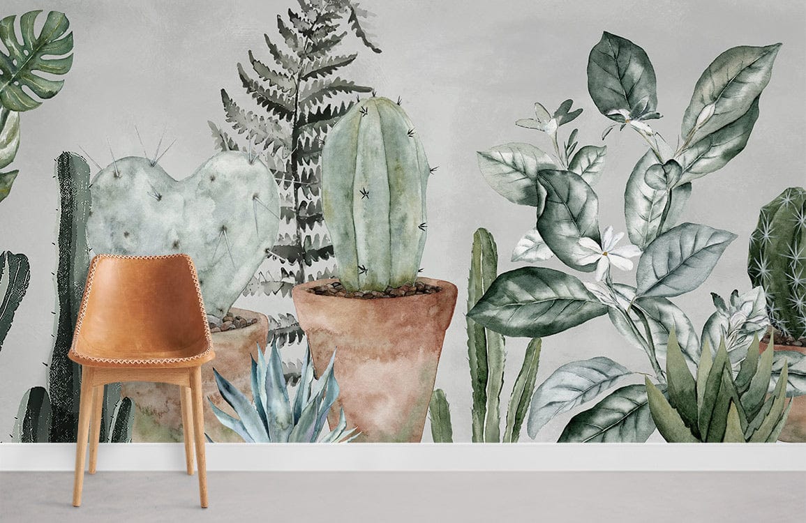 Watercolor Cactus Leaves Wall Mural Room
