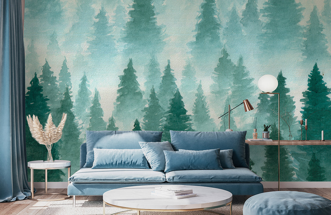 watercolor green forest wallpaper mural for room decor