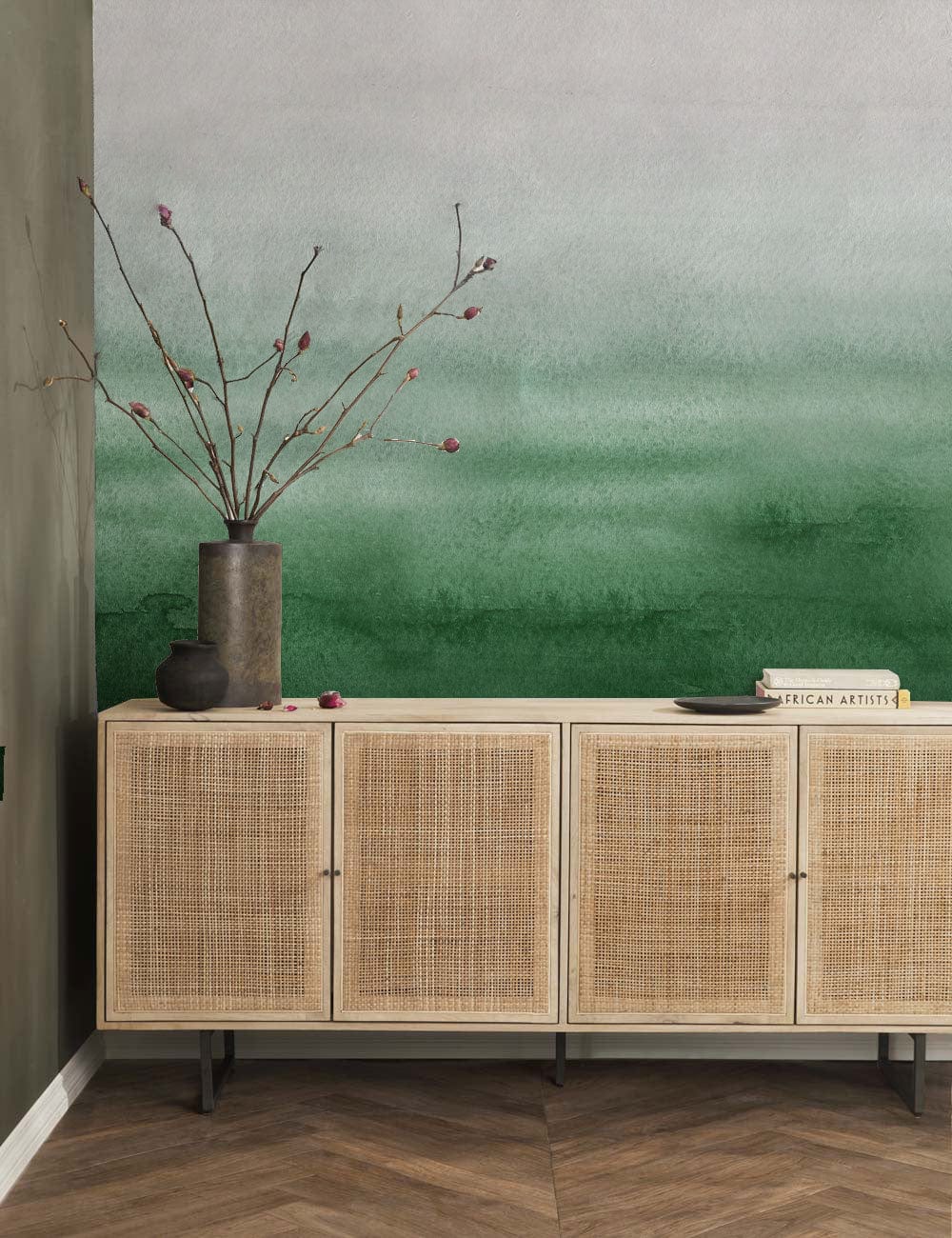 abstract ombre green wallpaper mural hallway design
