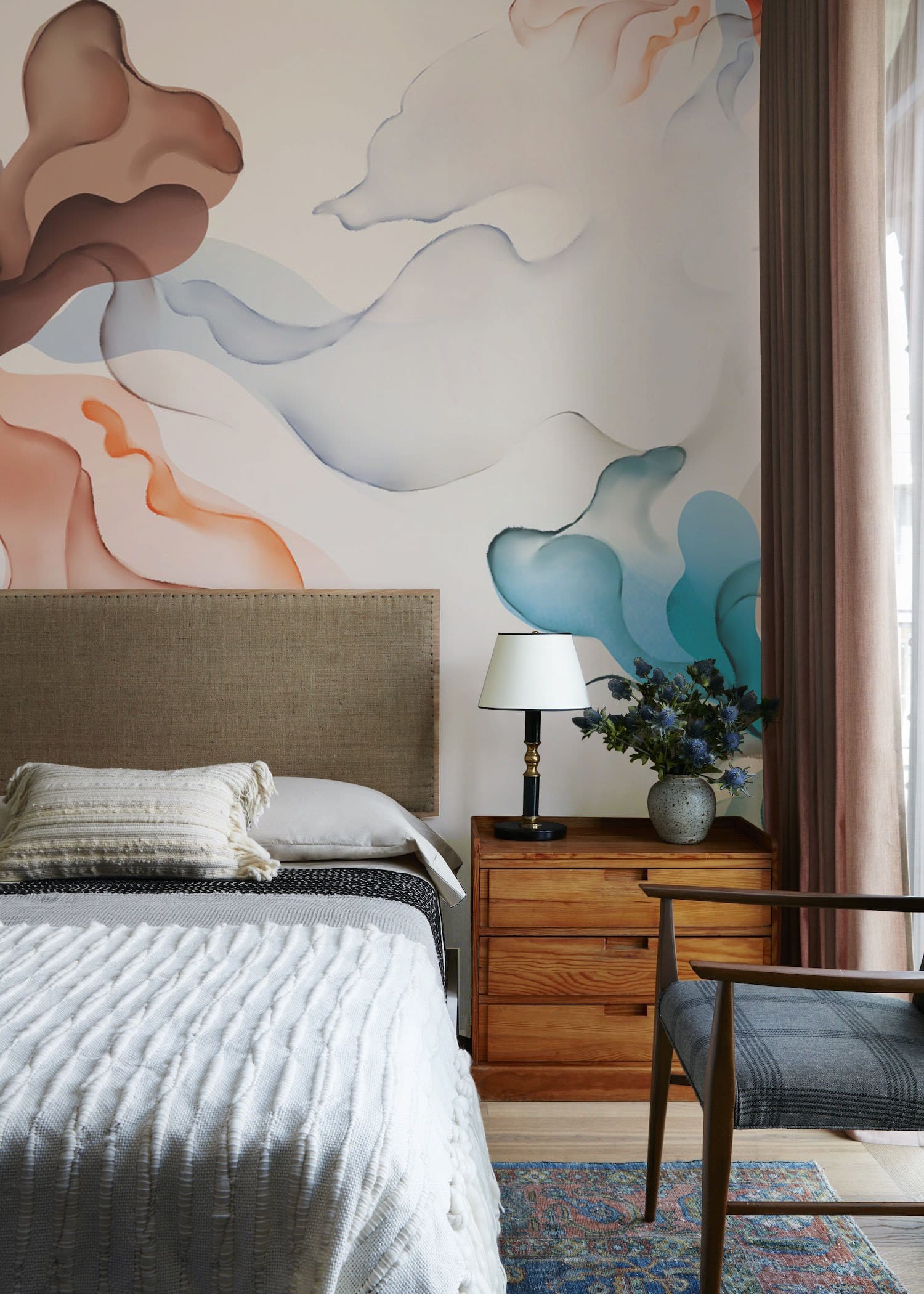 Abstract Floral Watercolor Wallpaper Mural in bedroom